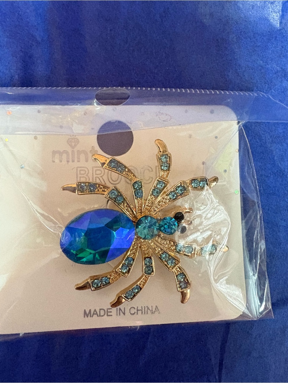 Mint Blue-Green Crystal Spider Brooch